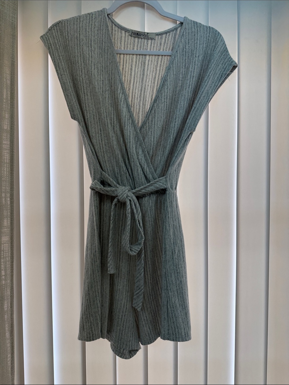 Flying Tomato Sage Green Ribbed Wrap Mini Dress with Tie